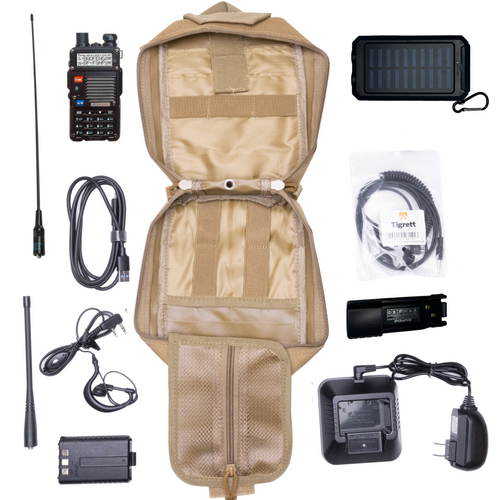 Ham Radio Go Bag with BF-F8HP Radio, solar charger, and Nagoya NA771 antenna, ideal for outdoor communication needs.