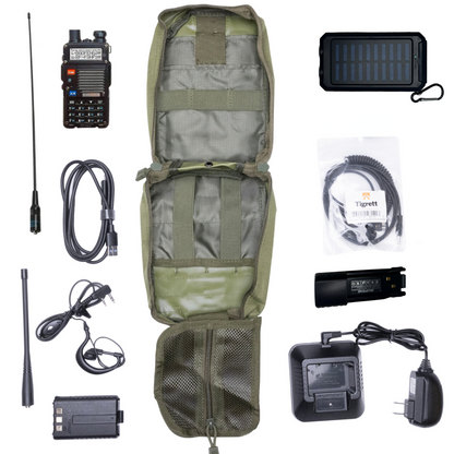 Ham Radio Go Bag with BF-F8HP Radio, Nagoya NA771 Antenna, Portable Solar Charger, and Accessories.