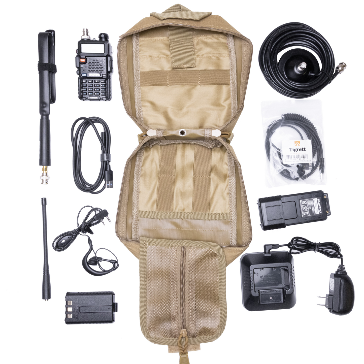 Radio Go Bag with Baofeng UV5R, tactical antenna, extended battery, accessories, MOLLE bag.