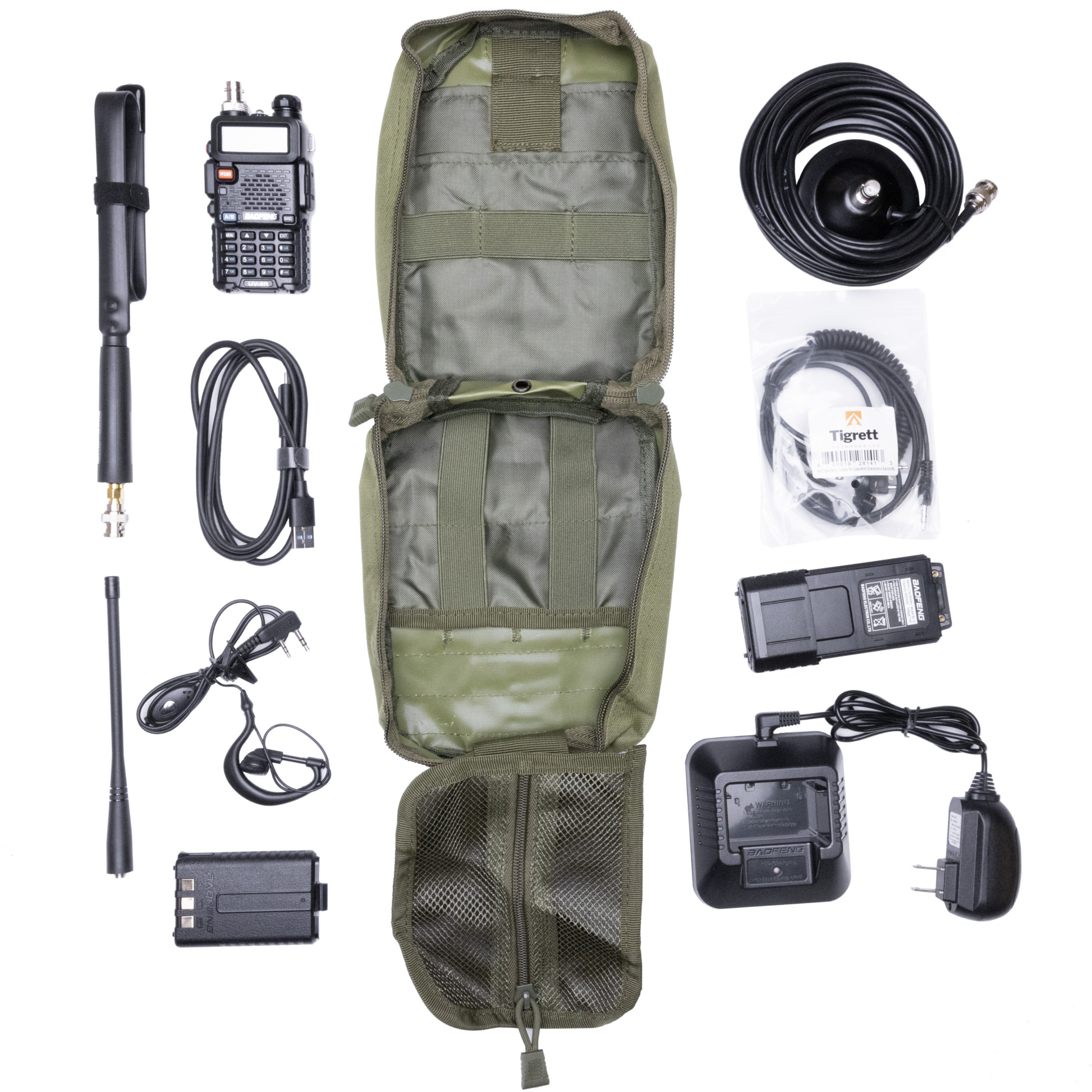 Radio Go Bag with Baofeng UV5R Programmed Radio, tactical antenna, USB charge cable, and MOLLE bag for vehicles.