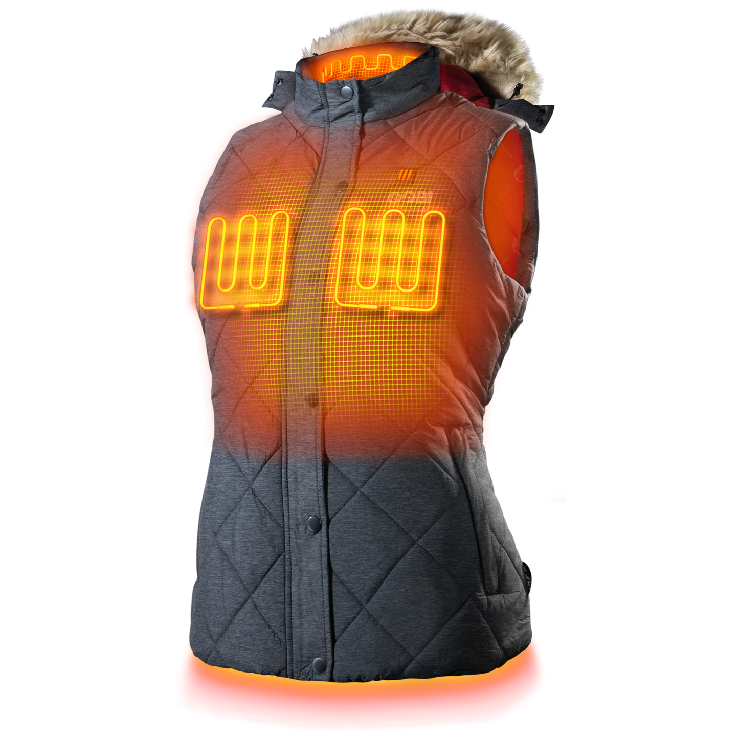 Cirrus Women's Heated Vest with heat zones and removable faux fur hood.