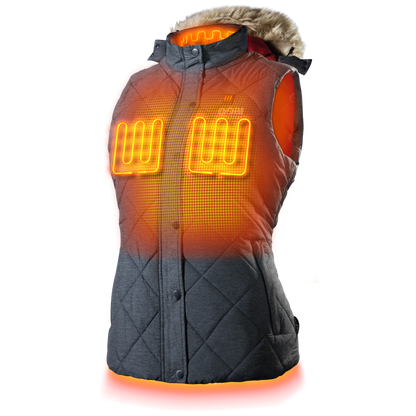 Cirrus Women's Heated Vest with heat zones and removable faux fur hood.