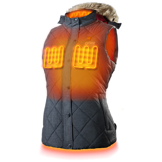 Cirrus Women's Heated Vest with heat zones and removable faux fur hood.