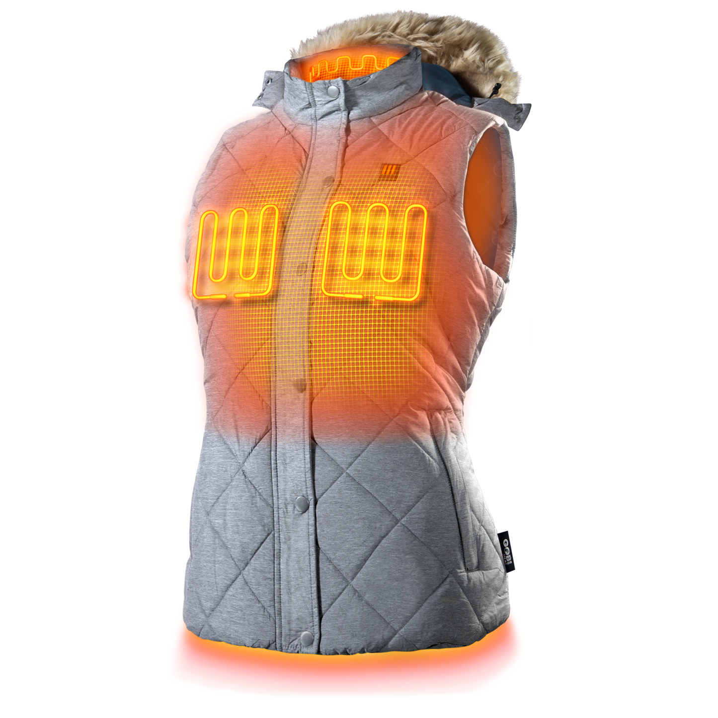 Cirrus Women's Heated Vest with removable faux fur hood and four-zone heating technology.