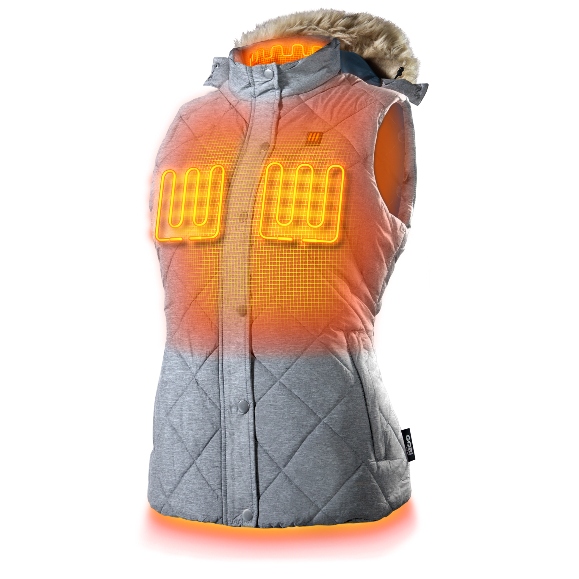 Cirrus Women's Heated Vest with removable faux fur hood and four-zone heating technology.