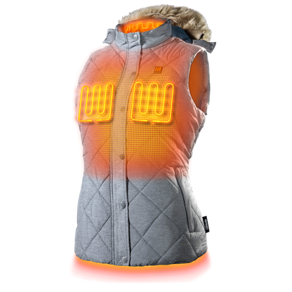 Cirrus Women's Heated Vest with removable faux fur hood and four-zone heating technology.