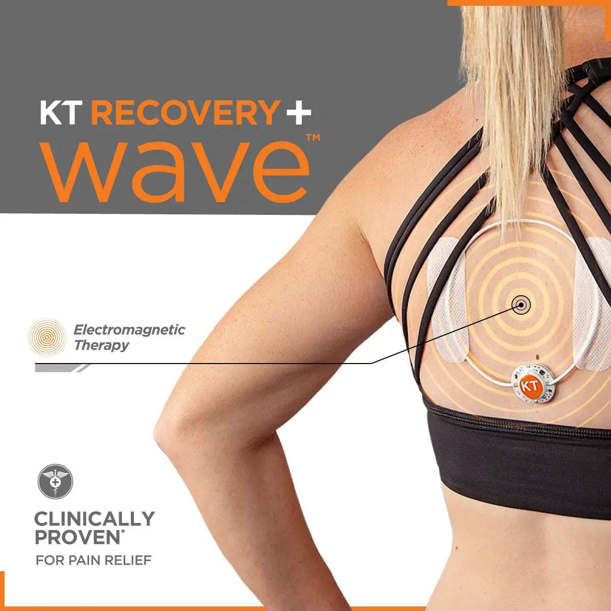 KT Recovery+ Wave™ electromagnetic pain relief device worn by an athlete.