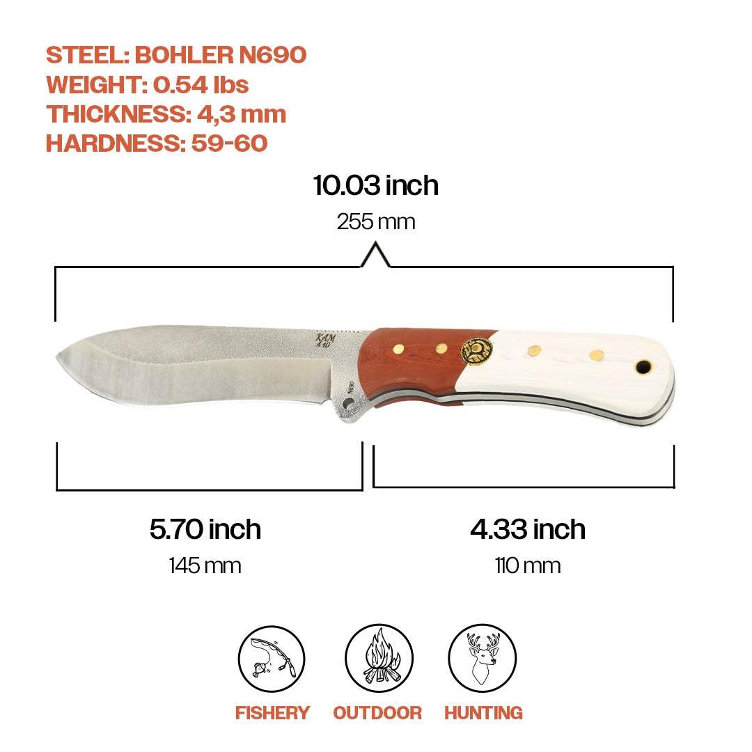 Kam Knife – A40 - N690 Steel - Red and White Handle - Fixed Blade