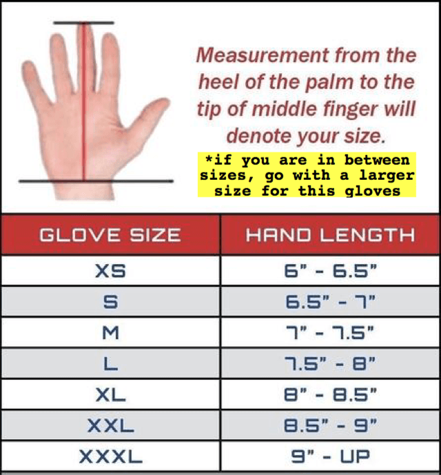 Agent Gloves 2.0 size chart with hand length measurements from XS to XXXL.