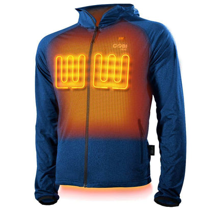 Apex Mens Heated Tech Hoodie in Ocean Blue with conductive thread heat system.