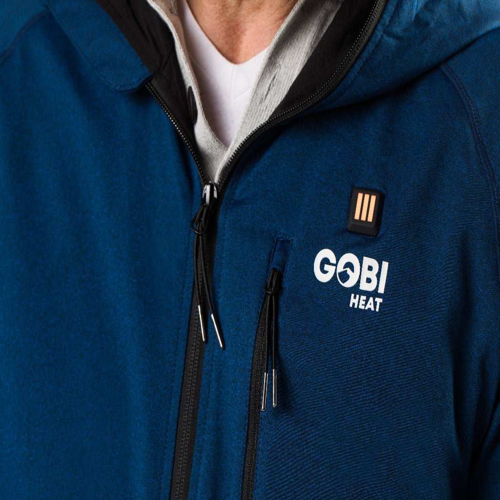 Apex Mens Heated Tech Hoodie by Gobi Heat in Ocean Blue with battery-powered heat settings.