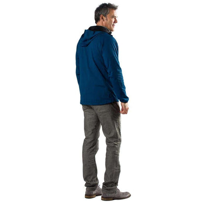 Man wearing Apex Mens Heated Tech Hoodie in Ocean Blue, viewed from the back.