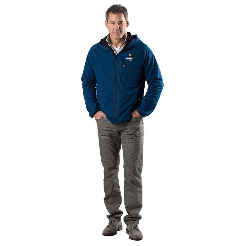 Man wearing an Apex Mens Heated Tech Hoodie in Ocean Blue, featuring a full-zip design and lightweight fabric for customizable warmth.