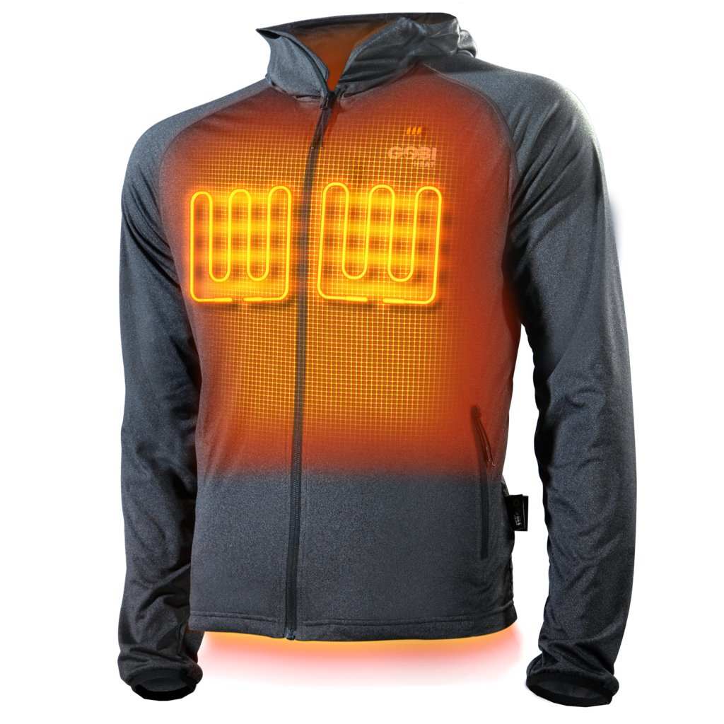 Apex Mens Heated Tech Hoodie featuring battery-powered heat system with customizable settings.