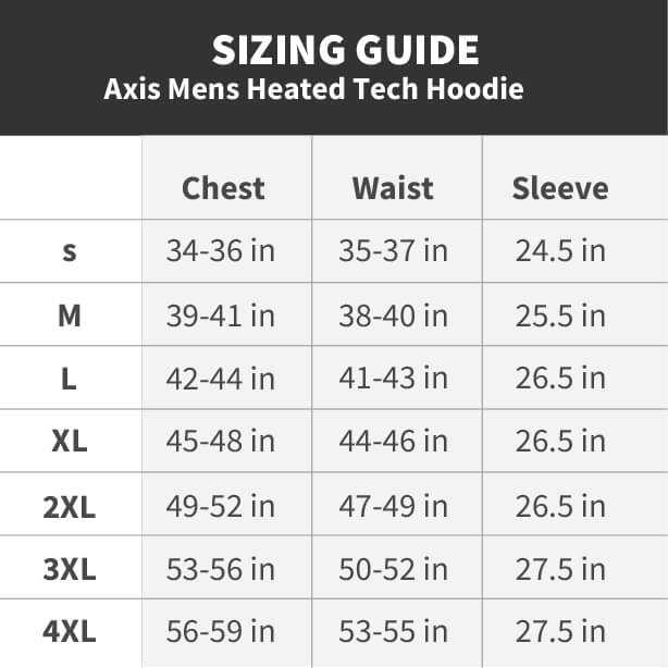 Sizing guide for Apex Mens Heated Tech Hoodie, available in sizes S to 4XL.