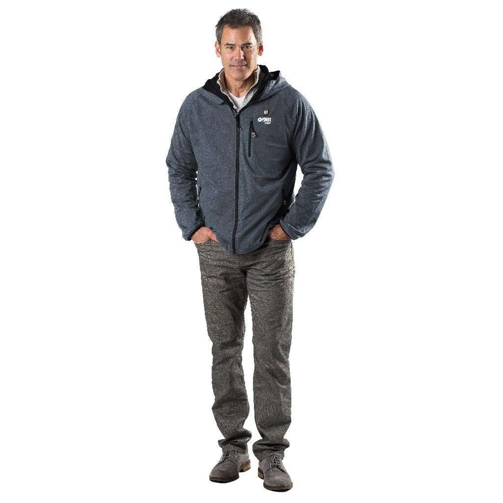 Apex Mens Heated Tech Hoodie in Ocean Blue, full-zip design, lightweight, battery-powered, with adjustable heat levels.