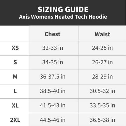 Sizing guide for Apex Womens Heated Tech Hoodie, showing chest and waist measurements for sizes XS to 2XL.