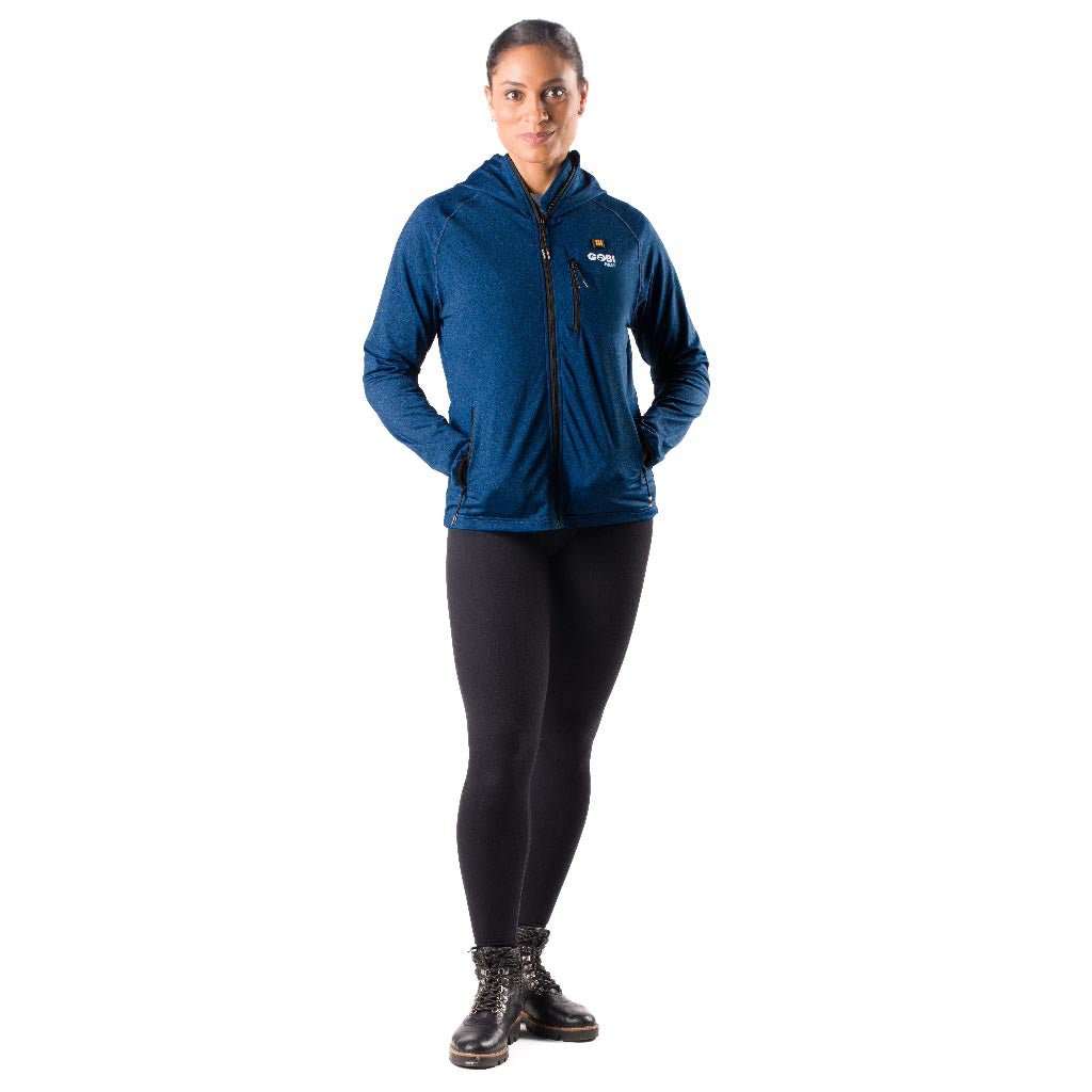 Apex Womens Heated Tech Hoodie in Ocean Blue, featuring lightweight fabric and battery-powered heat system.