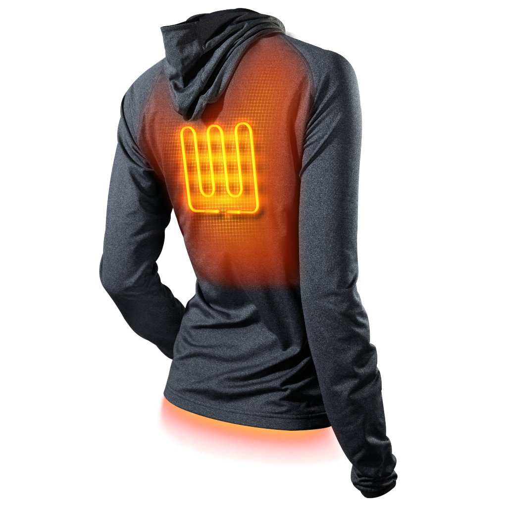 Apex Women's Heated Tech Hoodie with customizable heat settings, shown in Coal Black with visible conductive thread heat system.