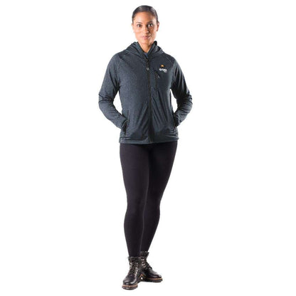 Apex Womens Heated Tech Hoodie in Coal Black worn by a model, featuring lightweight fabric and battery-powered heating.