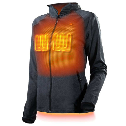 Apex Womens Heated Tech Hoodie with conductive thread heat system and customizable heat levels.