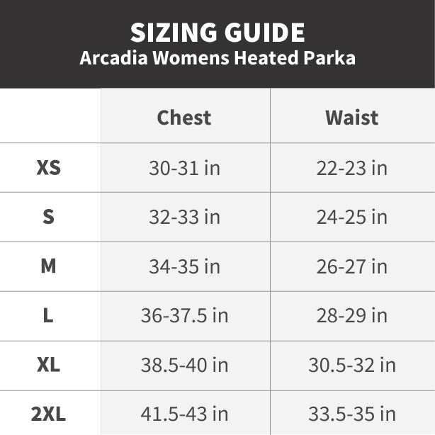 Sizing guide for Arcadia Womens Heated Parka, showing chest and waist measurements from XS to 2XL.