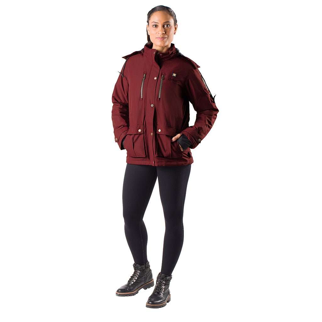 Arcadia Womens Heated Parka by Gobi Heat in stylish red with adjustable waist, thumbcuffs, and removable hood.