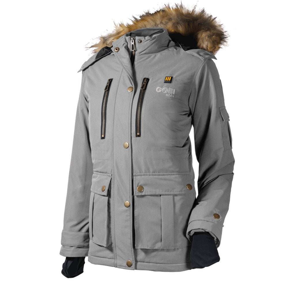 Arcadia Womens Heated Parka by Gobi Heat, featuring adjustable waist, thumbcuffs, and removable hood.