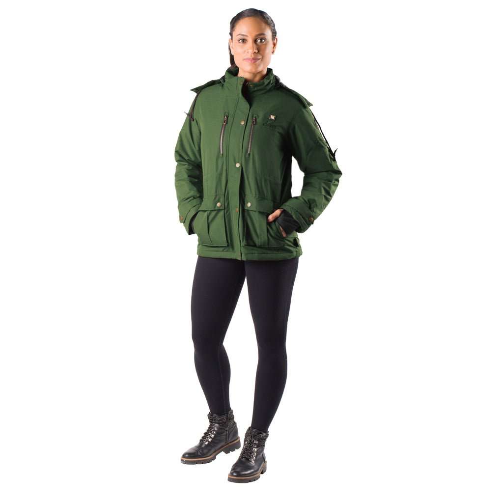 Arcadia Womens Heated Parka in green with adjustable waist and removable hood.