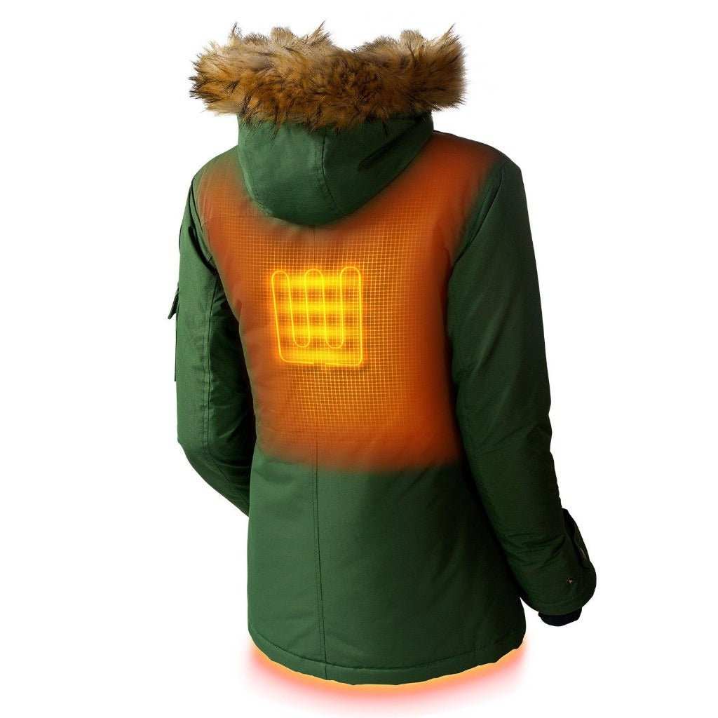 Arcadia Women's Heated Parka by Gobi Heat with adjustable waist, removable hood, and heating technology.