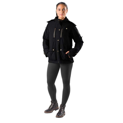 Arcadia Womens Heated Parka by Gobi Heat in black, showcasing adjustable features and removable hood.