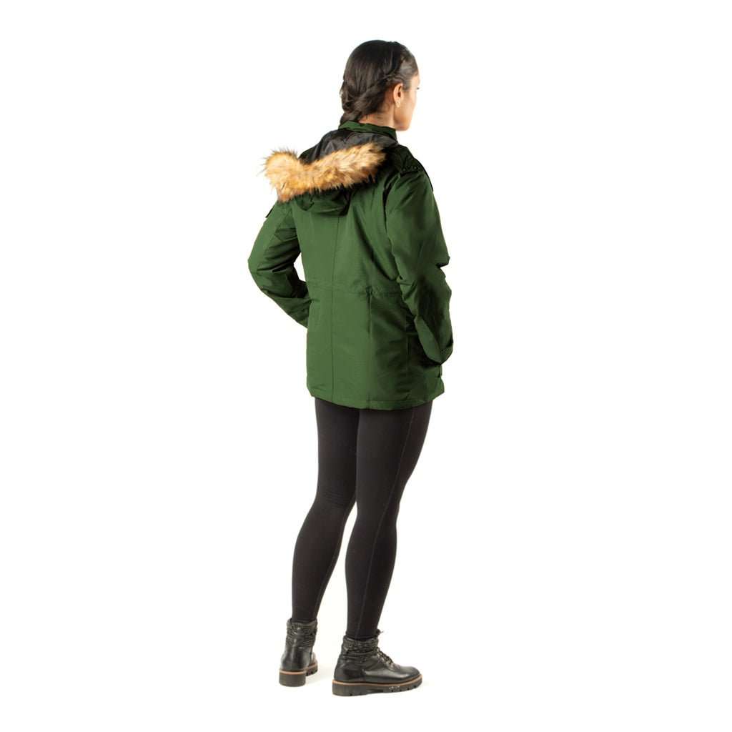 Arcadia Womens Heated Parka with removable hood and adjustable waist in green, back view.