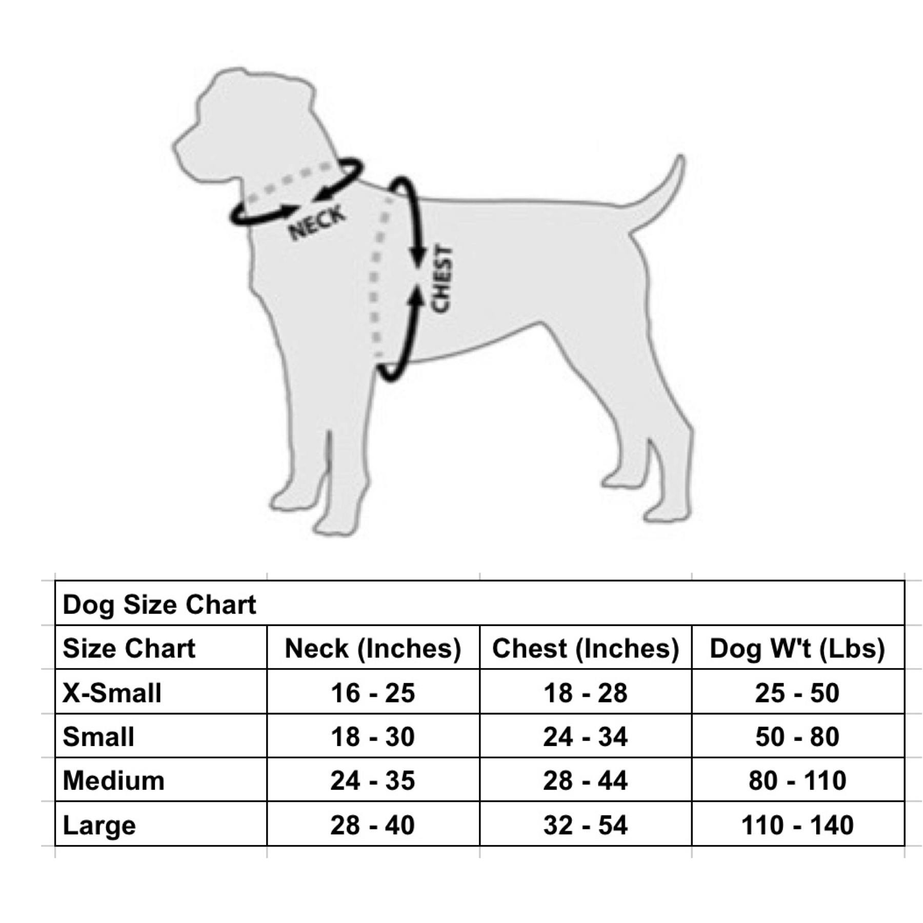 Dog size chart for selecting the right Artemis Dog Harness based on neck, chest, and weight measurements.