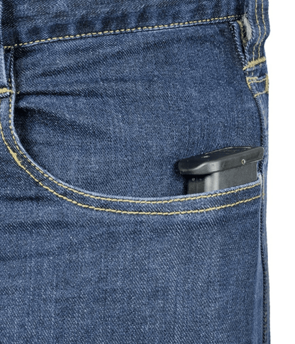 Asset Tactical Jeans with magazine holder in pocket, advanced stretch denim, 13 pockets for EDC gear, ideal for discreet everyday carry.