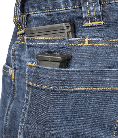 Asset Tactical Jeans with mag holders in back pockets, featuring reinforced construction and stretch technology.