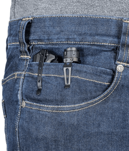 Asset Tactical Jeans with pocketed EDC items, blue denim close-up.