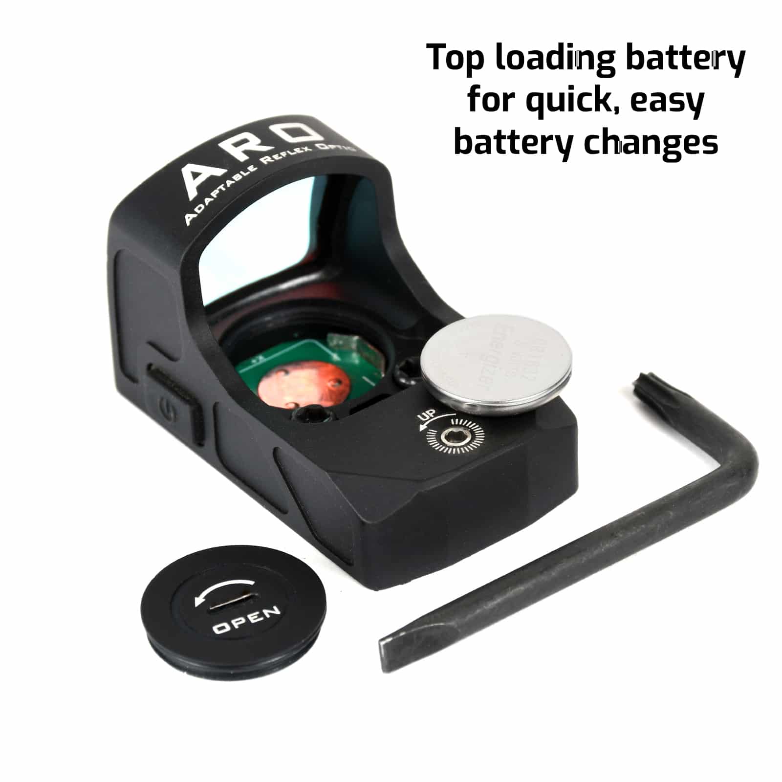 ARO Micro Red Dot Reflex Sight with top loading battery compartment.