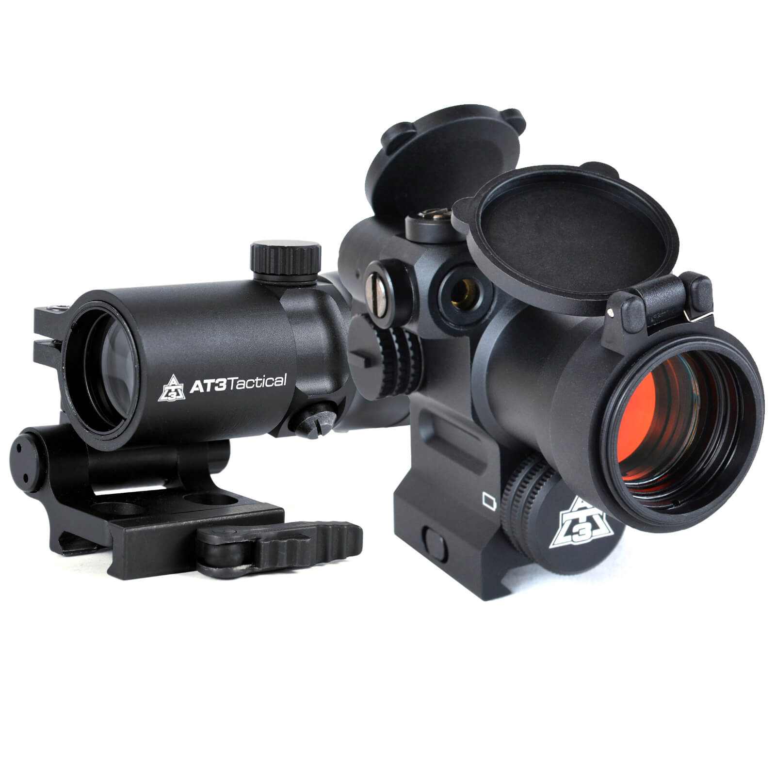 4x magnified red dot with laser sight kit, includes red dot and magnifier for AR-style rifles, tactical use, matte black finish.