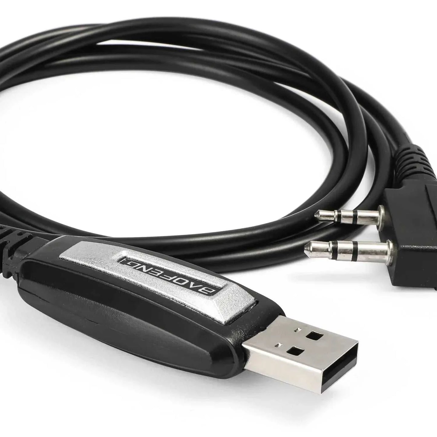 Baofeng program cable for PC and Mac, USB to K-Type connector, compatible with UV5R and UV82 radios, no driver needed.