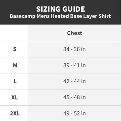 Sizing guide for Basecamp Mens Heated Base Layer Shirt, sizes S to 2XL, chest measurements.