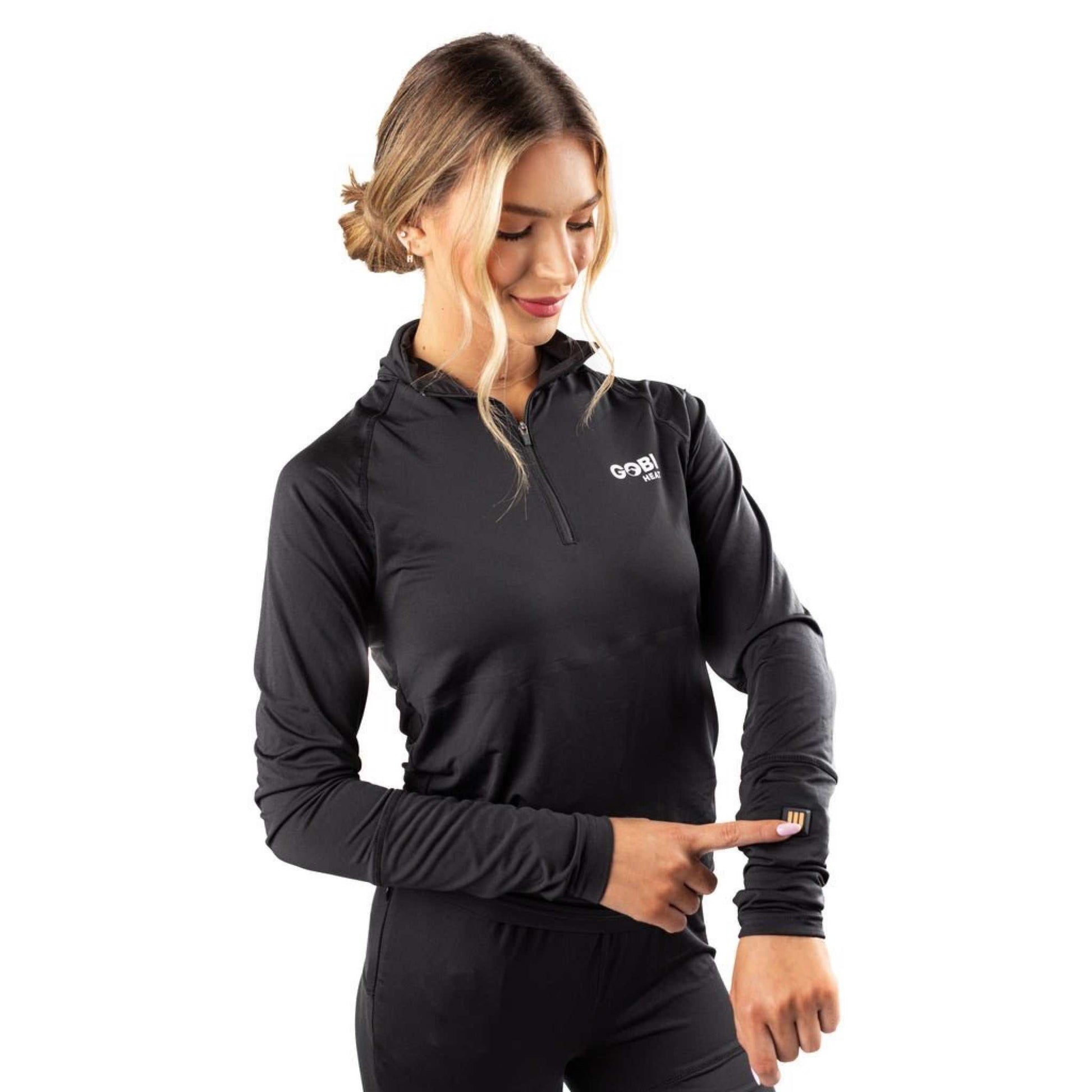 Basecamp Women's Heated Base Layer Shirt with conductive-thread technology and 3-Bar LED controller for customizable heat.