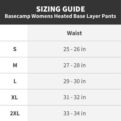 Sizing guide for Basecamp Womens Heated Baselayer Pants, showing waist measurements for sizes S to 2XL.