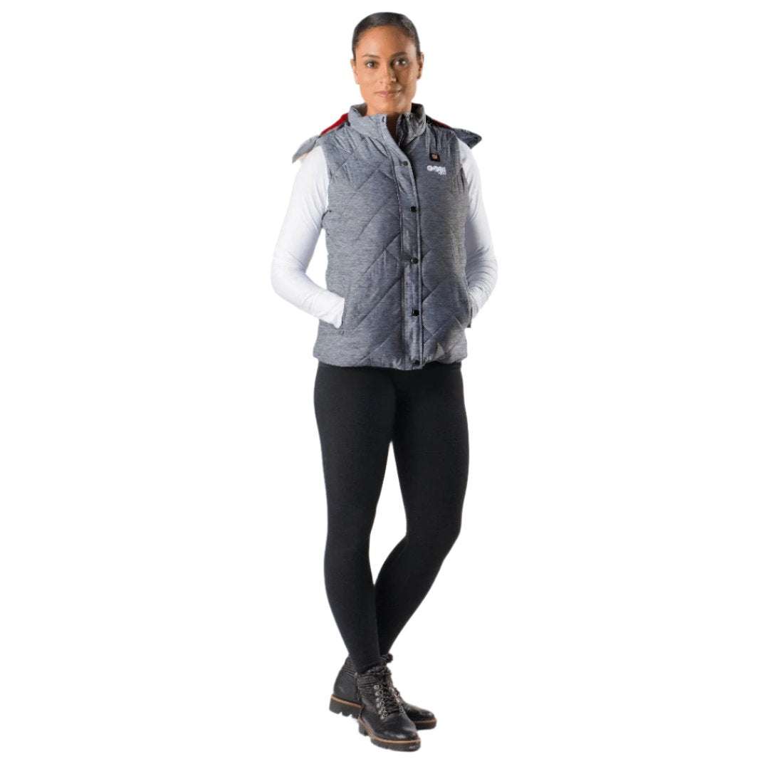 Cirrus Women's Heated Vest with faux fur hood, quilted melange shell, and four heat zones.