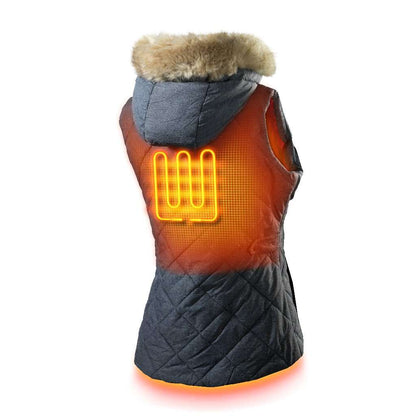 Cirrus Women's Heated Vest with removable faux fur hood and advanced heating technology.