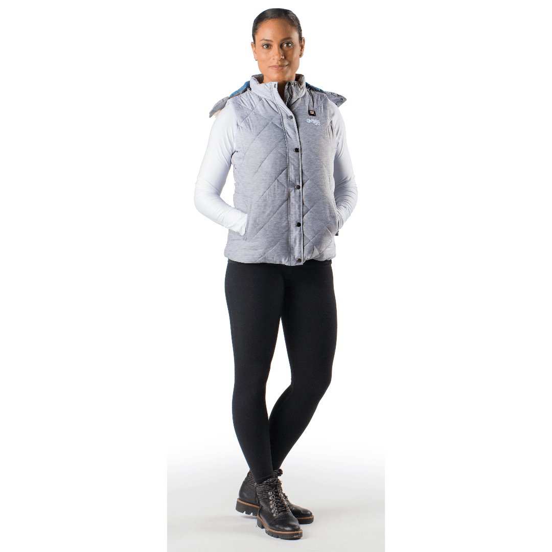 Cirrus Womens Heated Vest with removable faux fur hood, quilted melange outer shell, and advanced heating technology.