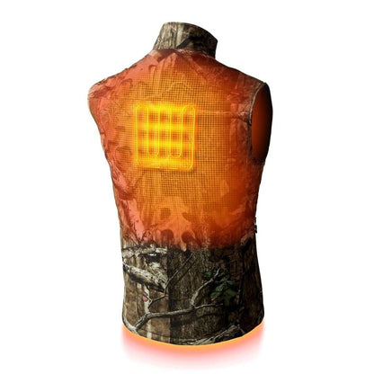 Colorado men's heated hunting vest in Mossy Oak camo with conductive heating elements, USB charging, and machine-washable fabric.