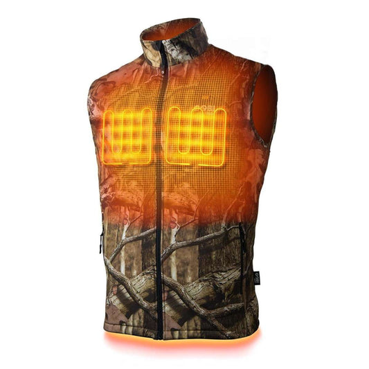 Colorado men's heated hunting vest in Mossy Oak camo with visible conductive thread heating elements for warmth.