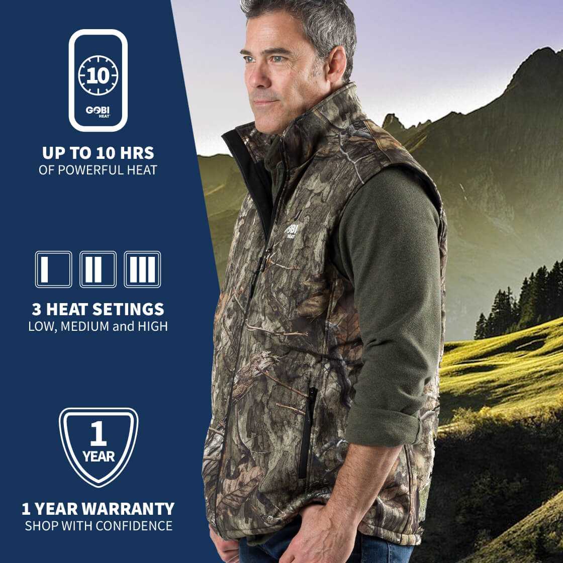 Colorado Men's Heated Hunting Vest in Mossy Oak Camo, featuring fleece and abrasion-resistant polyester, with conductive heating elements for up to 10 hours of warmth, three heat settings, and zippered pockets.