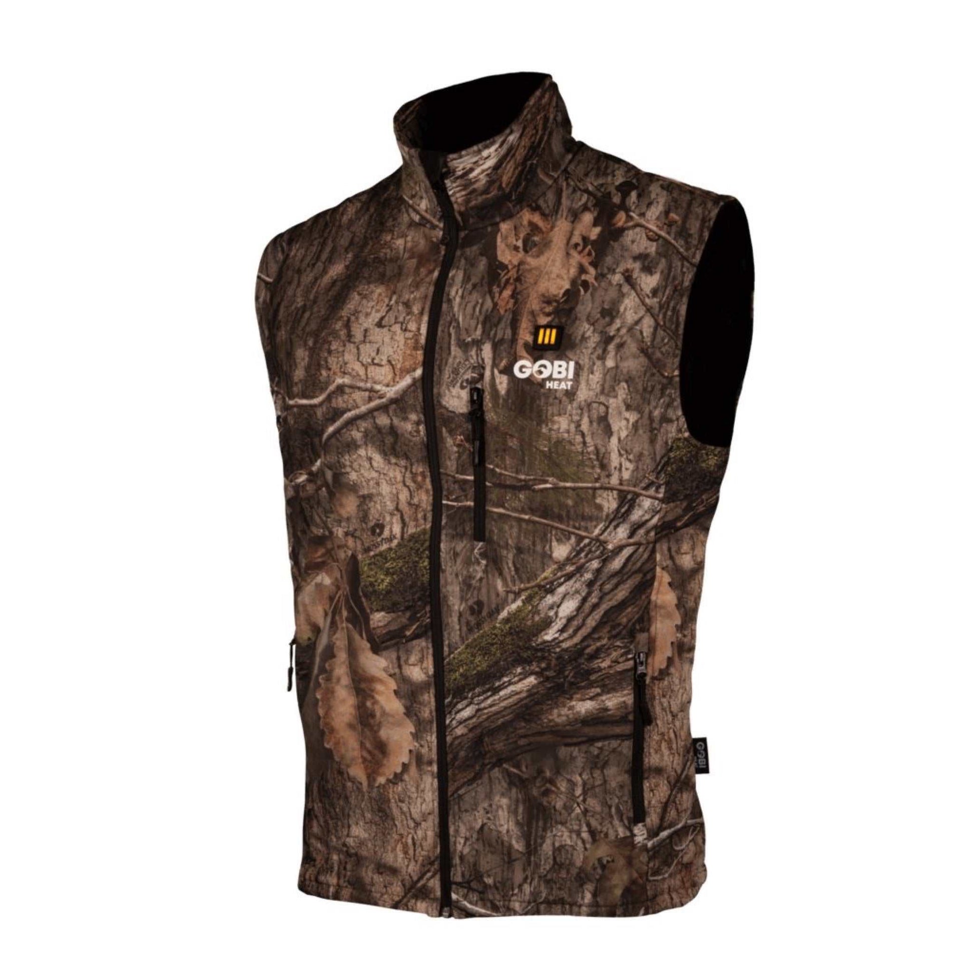 Colorado Mens Heated Hunting Vest-Mossy Oak Camo with conductive thread heating elements and zippered pockets.