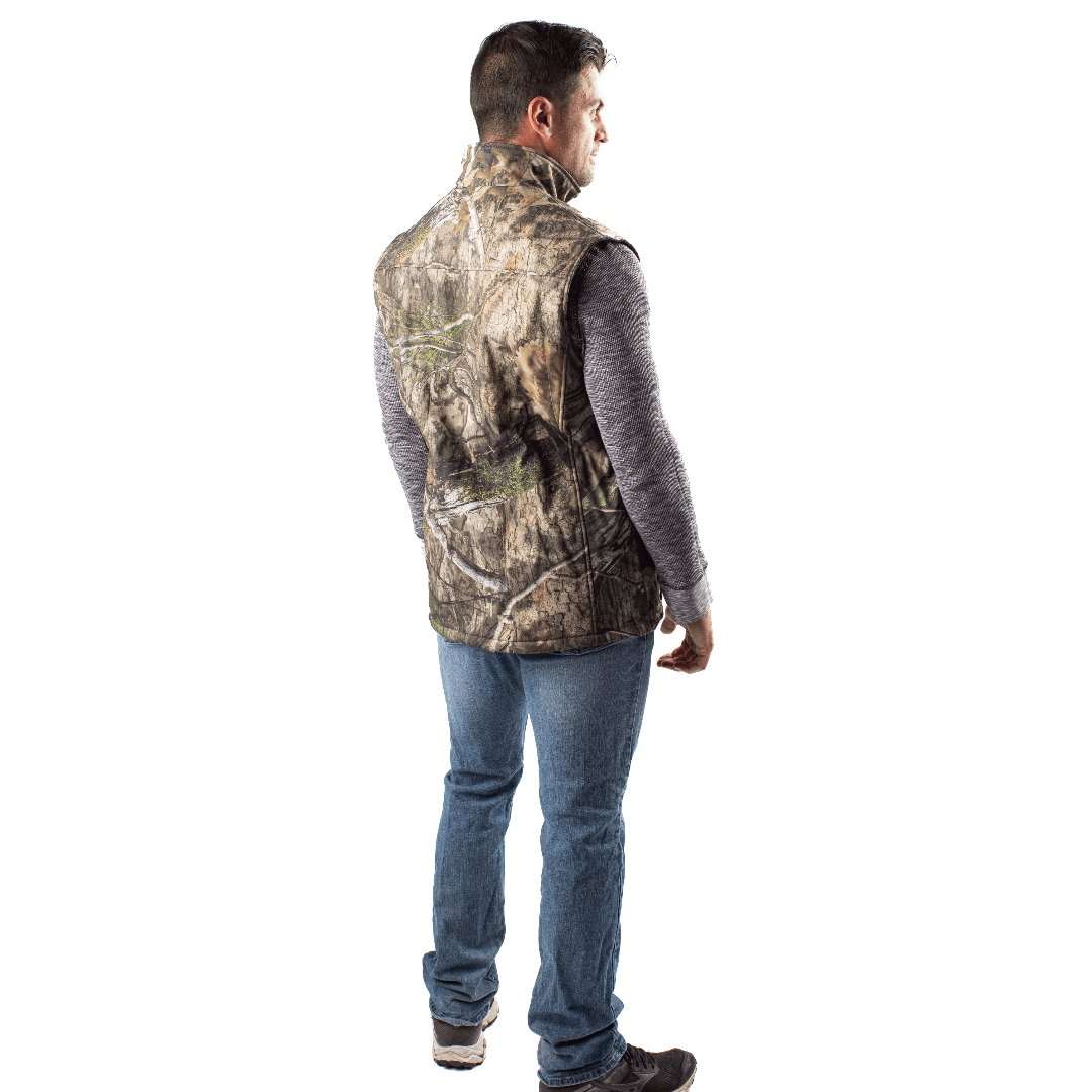 Colorado Men's Heated Hunting Vest in Mossy Oak Camo, showing back view of cozy fleece and lightweight polyester design with heating elements.